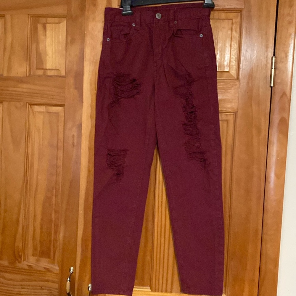 American Eagle Maroon Mom Ripped Jeans Size 0